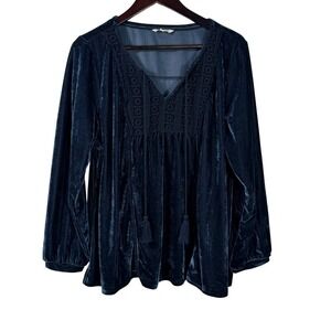 reCreation Velvet Peasant Top V-neck Lace Yoke Tassel Tie Navy Blue XXL Flowy
